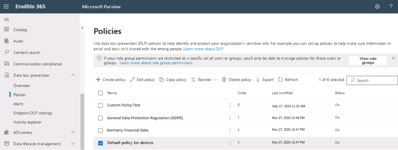 Microsoft 365 Data Loss Prevention (DLP) policies dashboard showing compliance rules for GDPR, HIPAA, and custom data protection. The interface displays policy status indicators, configuration settings, and monitoring options. Filters and tabs help manage security policies to protect sensitive business data and meet regulatory compliance requirements